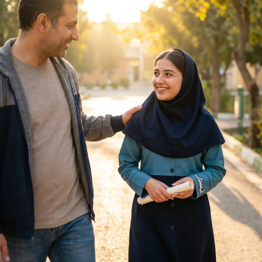 Teenage girl walking with parent